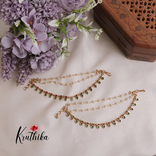 Elegant Three Layer Earchains with Green Leaf Drops EC119