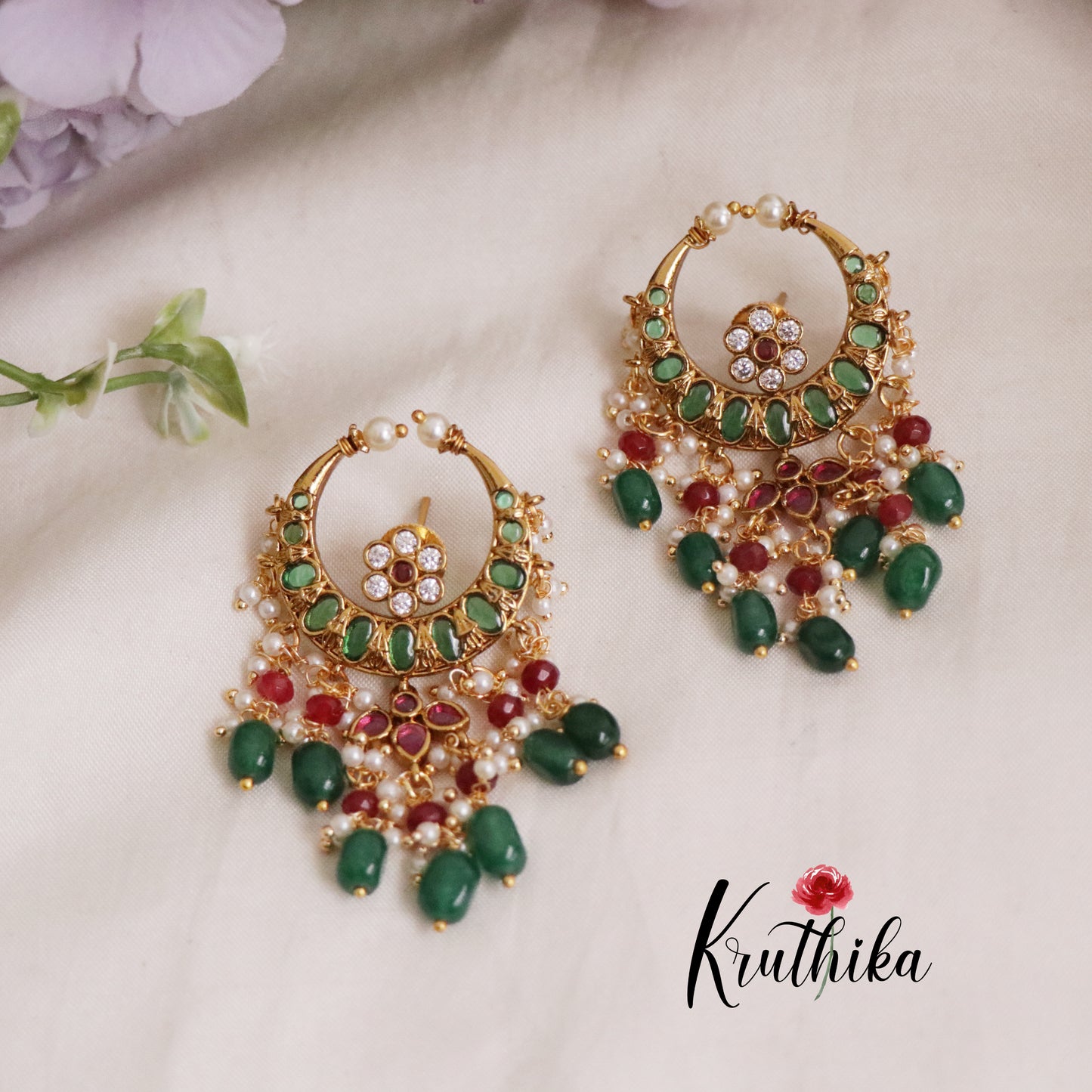 Beautiful Chand Bali Earrings with Beads Drops E631 (Available in 2 Colors)