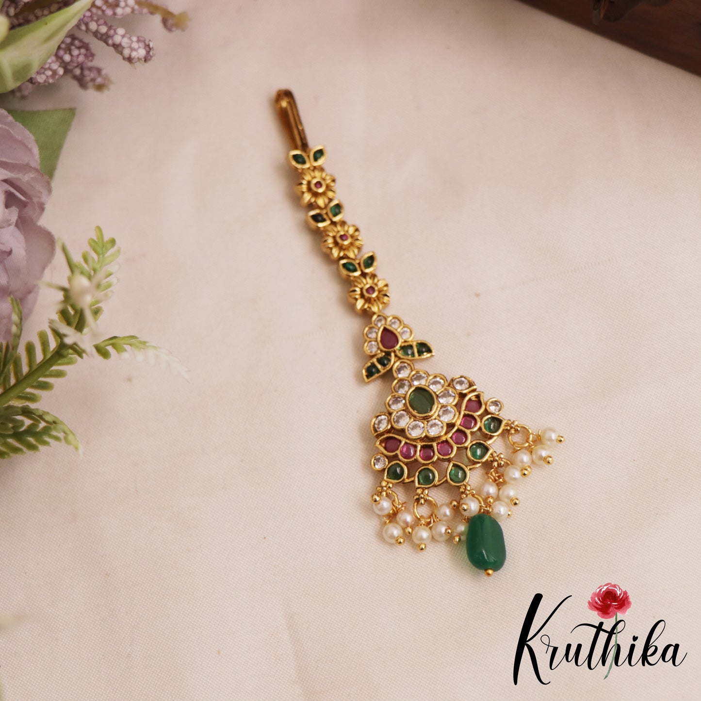 Classic Floral Motifs Kemp Maang Tikka With Bead And Pearl Drops MT383