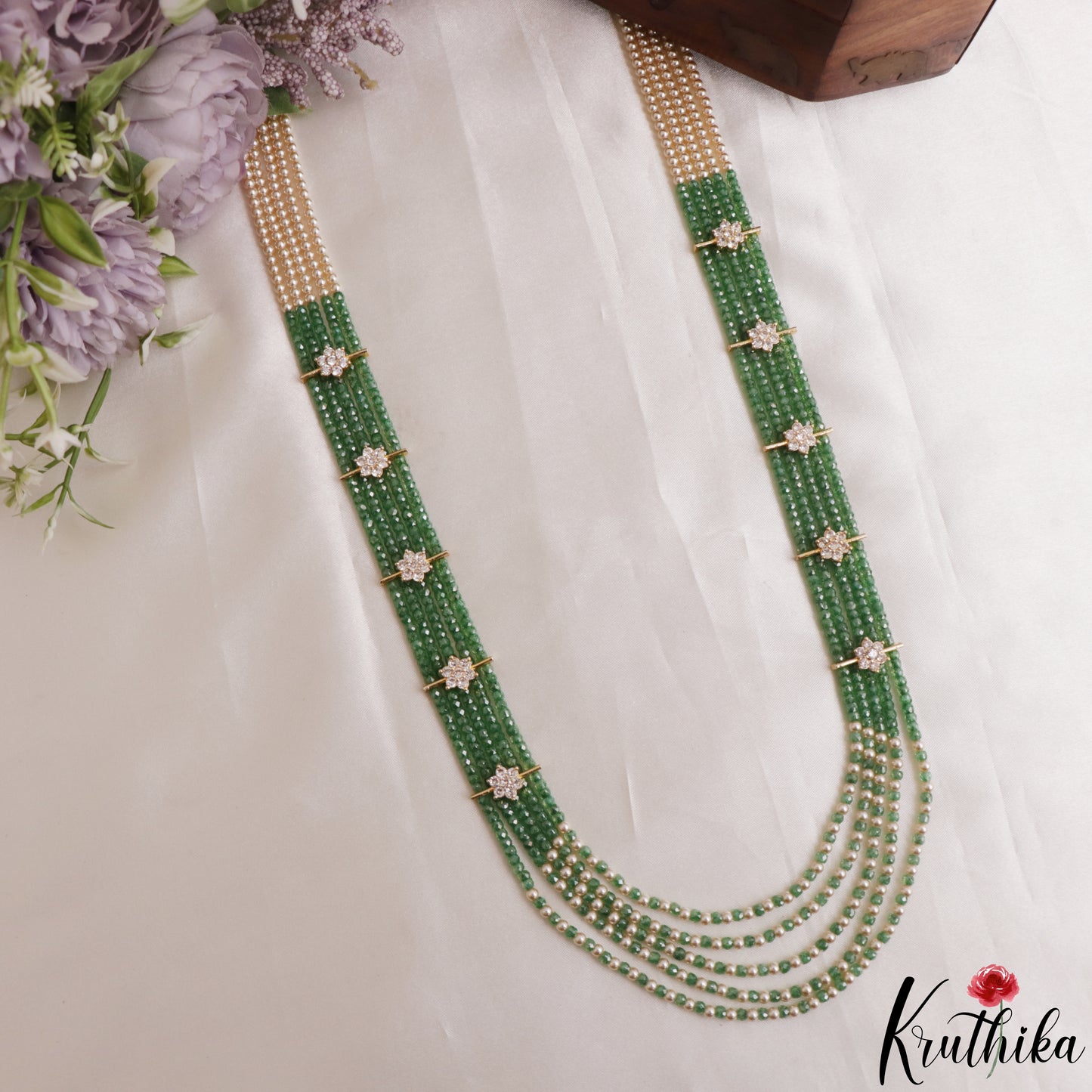 Sparkling Multi Layered crystal & Pearl statement Haaram with floral accents LH2081 (Available In 16 Colors)