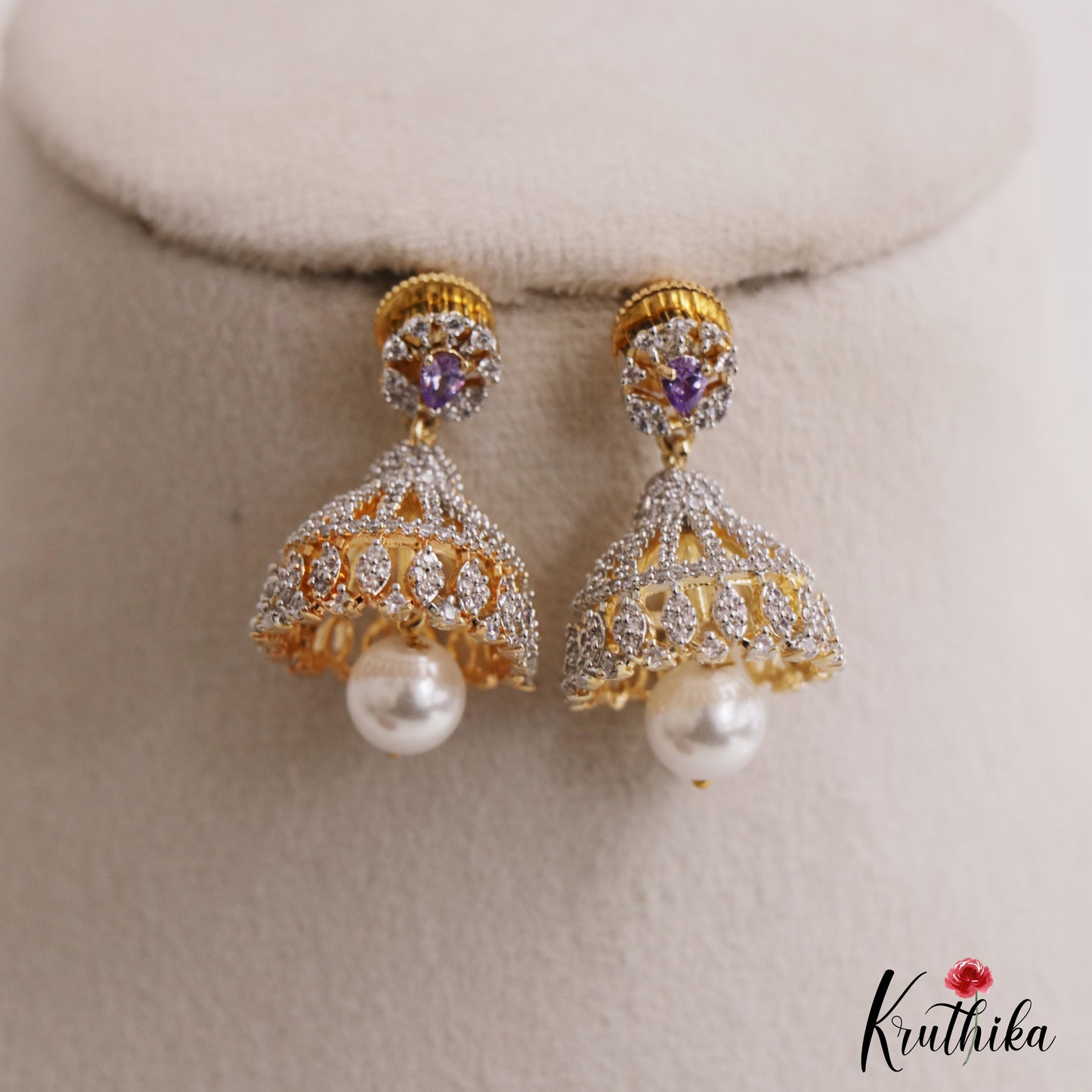 Pretty Teardrop Motifs AD Jhumkas With Pearl Drop E1097 (Available In 3 Colors)