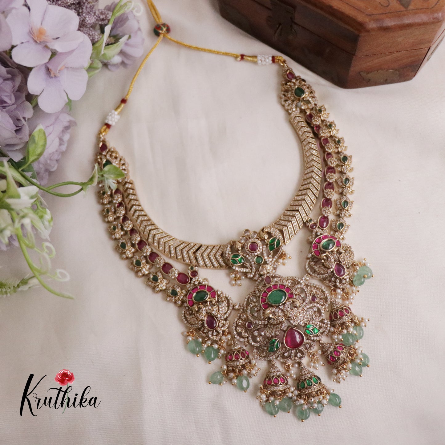 Royal Bridal Peacock Antique Jadau Necklace and Jhumka Drops NC2187 (Available in 2 Colours)