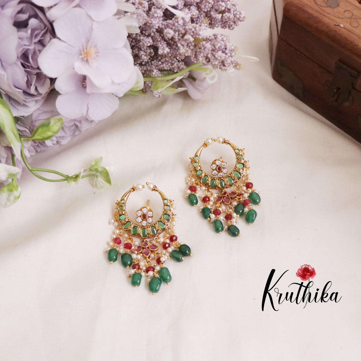 Beautiful Chand Bali Earrings with Beads Drops E631 (Available in 2 Colors)