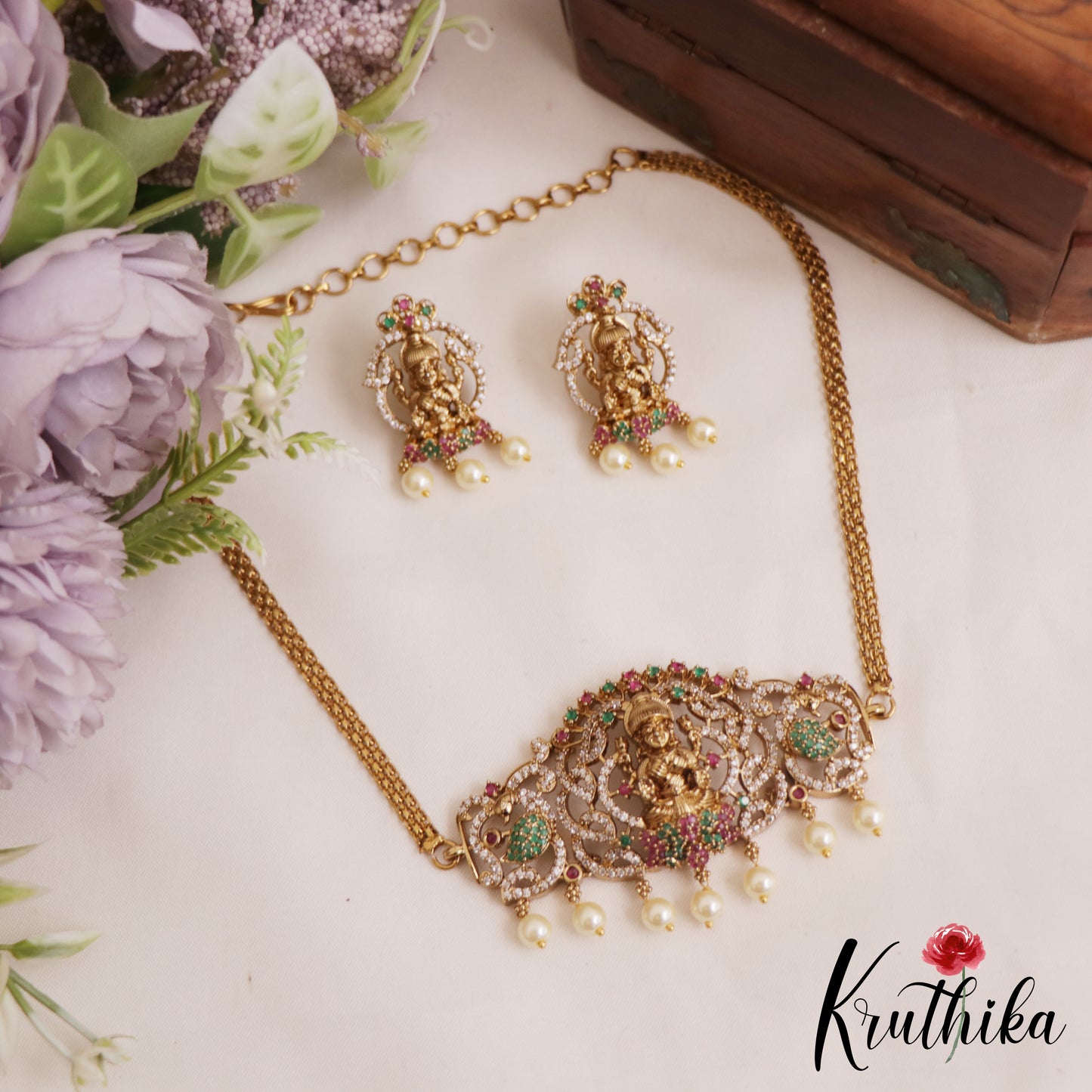 Elegant Antique Lakshmi Motifs AD Choker With Pearl Drops NC2819