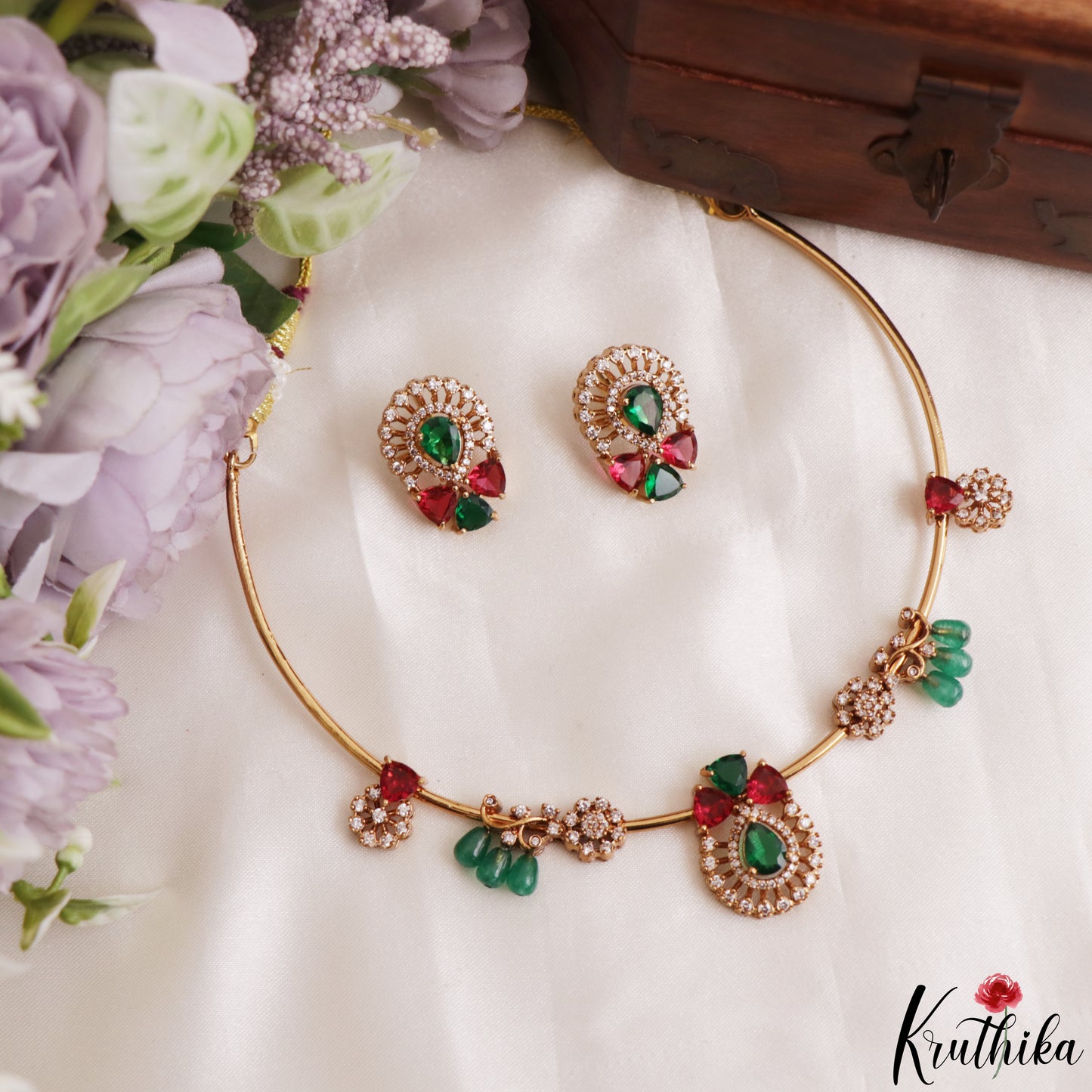 Elegant Floral Teardrop Motifs CZ Victorian Hasli Choker NC3221