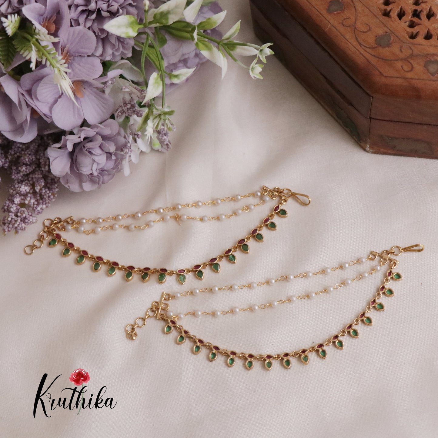 Elegant Three Layer Earchains with Green Leaf Drops EC119