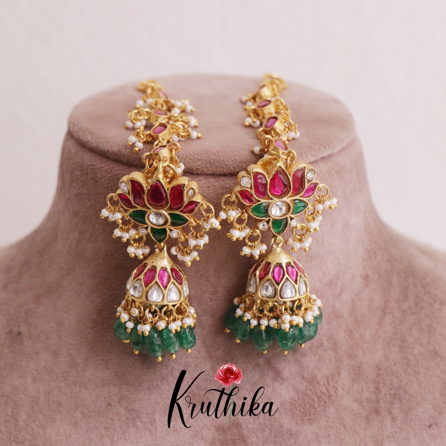 Gorgeous Jadau Lotus Jhumkas green bead drops with Ear chains E442