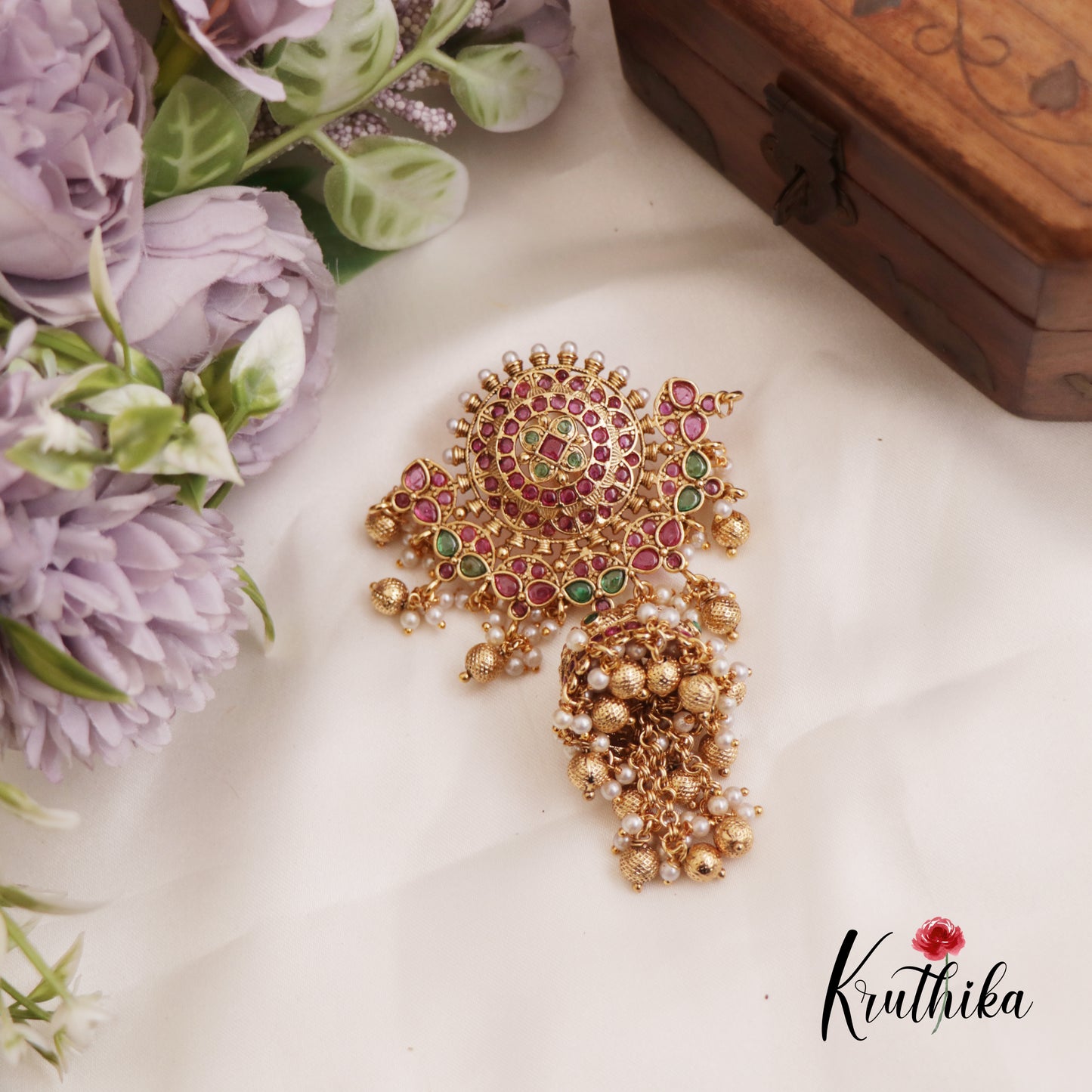 Beautiful Floral Jhumka Jadau Jada Billa With Golden Bead Drops J325