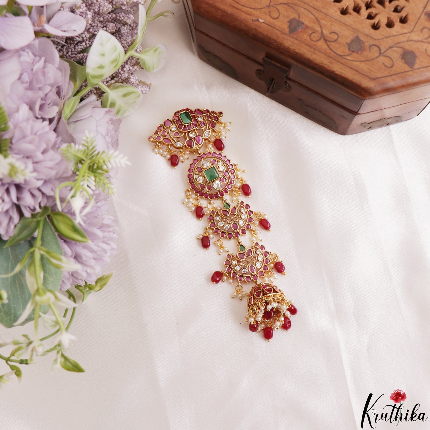 Premium Floral Motifs Kemp Jhumka Jada Billa With Bead Drops J432 (Available In 2 Colors)
