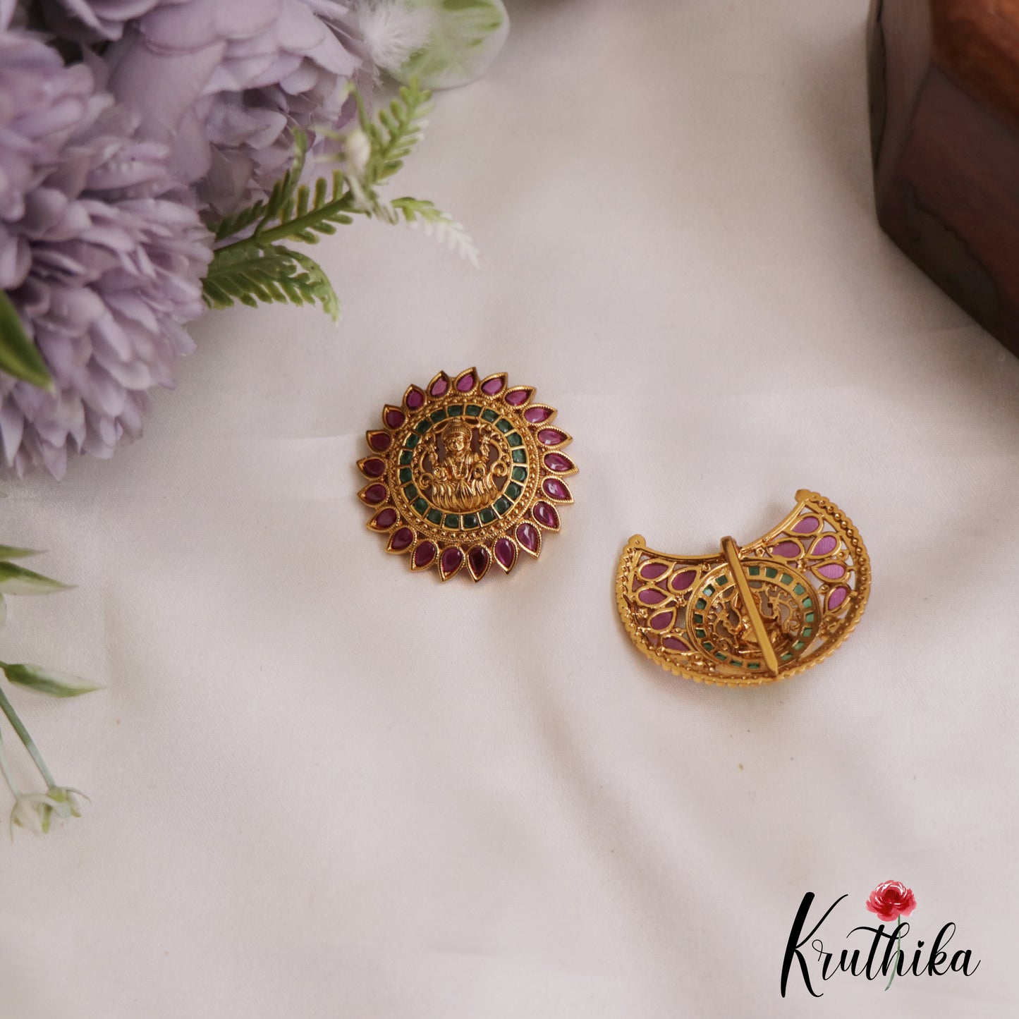 Elegant Lakshmi Motifs Chandra Surya Jadau Hair Ornaments J360