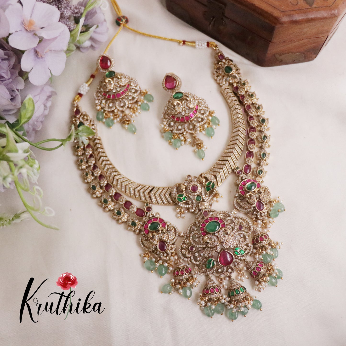 Royal Bridal Peacock Antique Jadau Necklace and Jhumka Drops NC2187 (Available in 2 Colours)