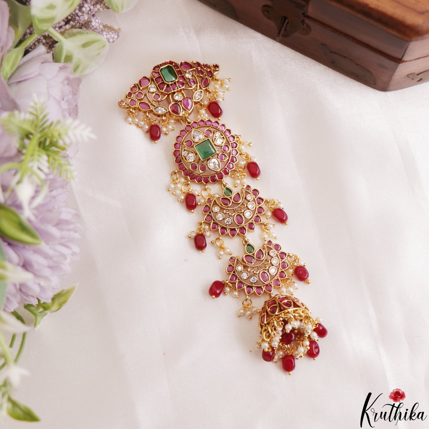 Premium Floral Motifs Kemp Jhumka Jada Billa With Bead Drops J432 (Available In 2 Colors)