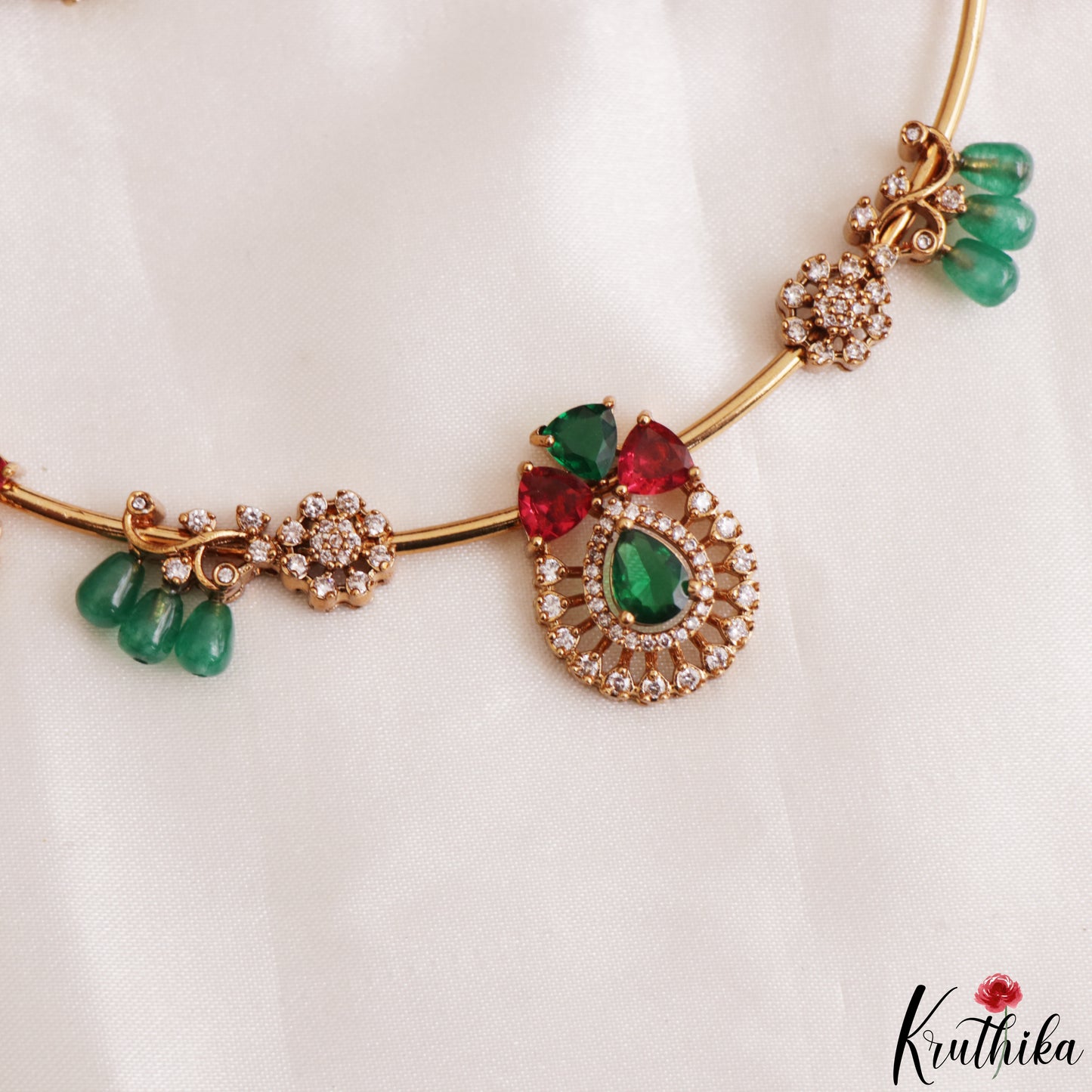 Elegant Floral Teardrop Motifs CZ Victorian Hasli Choker NC3221