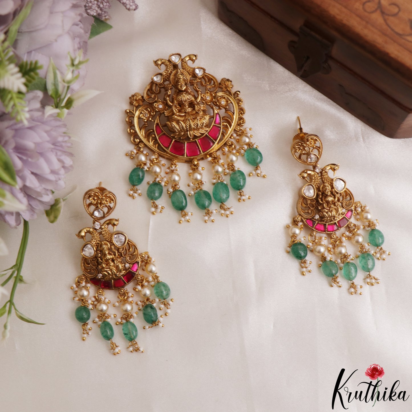 Gorgeous Antique Lakshmi Peacock Motifs Jadau Pendant Set With Green Bead Drops PS301 (Available In 2 Colors)