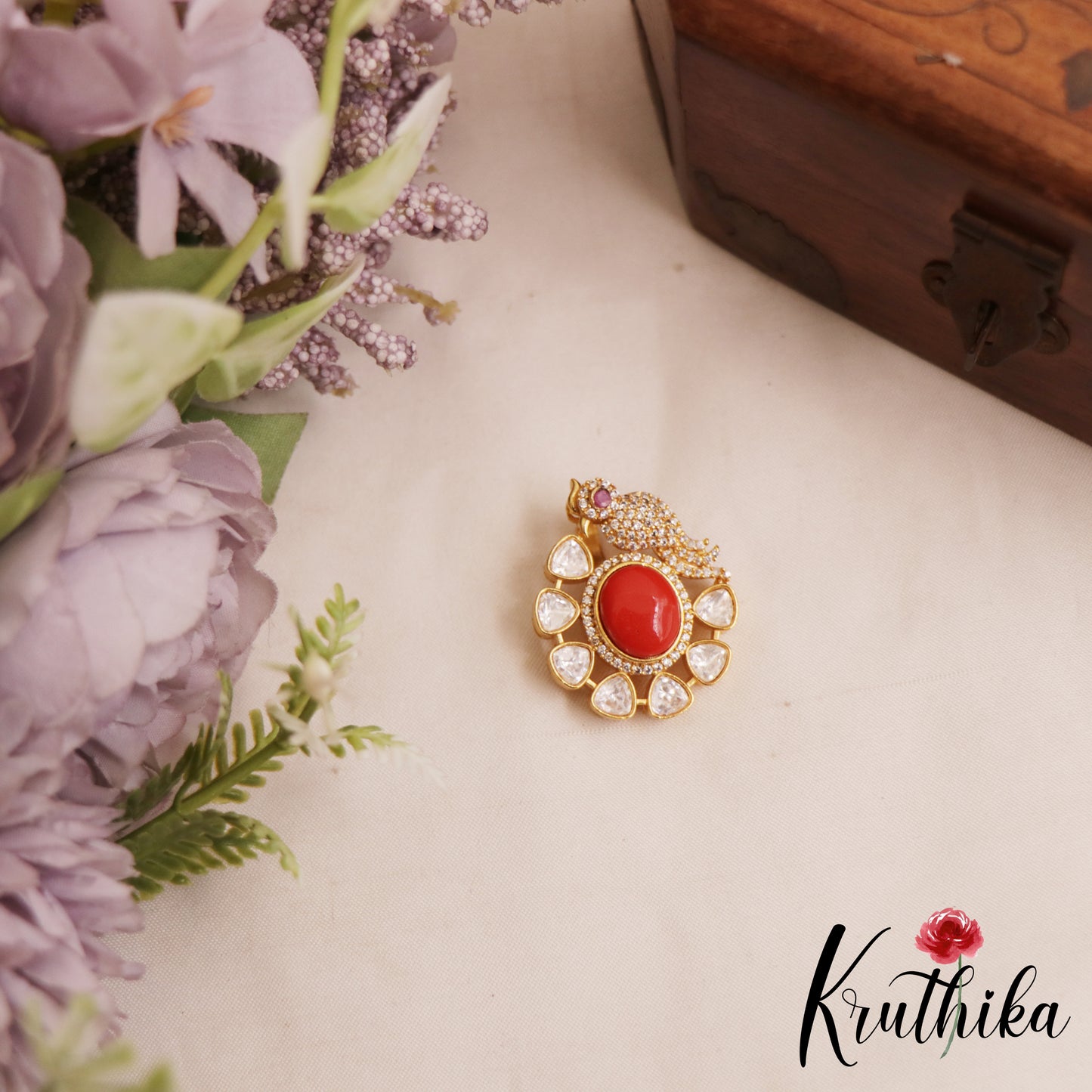 Pretty Floral Peacock Motifs Polki Victorian Pendant Set PS287 (Available In 4 Colors)