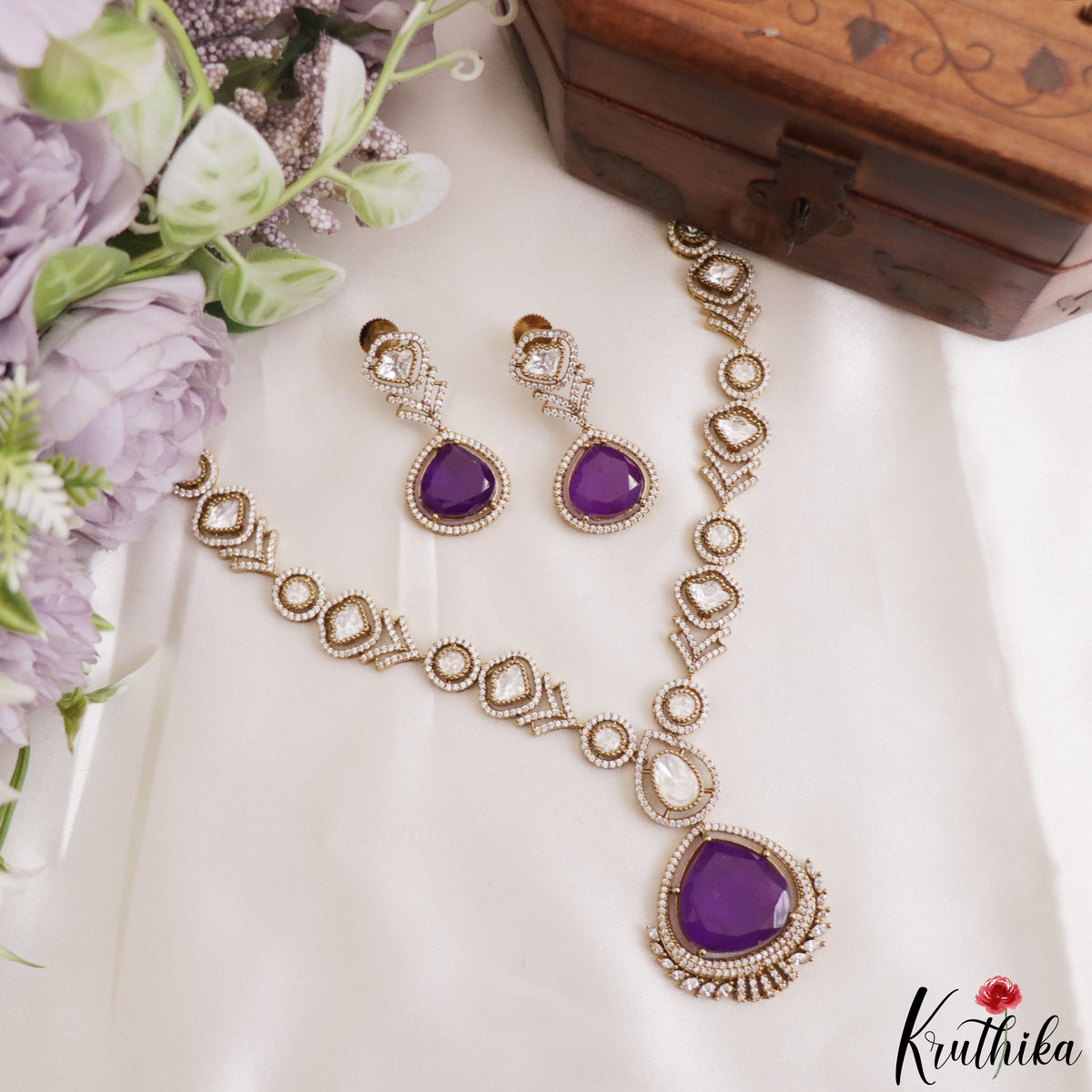 Trendy AD Teardrop Motifs Mossanaite Victorian Necklace NC2801 (Available In 2 Colors)