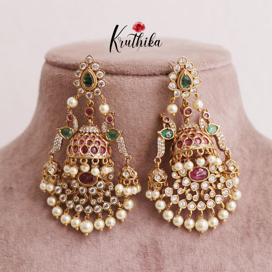 Gorgeous AD peacock Jhumkas in chandbalis with pearl drops E440