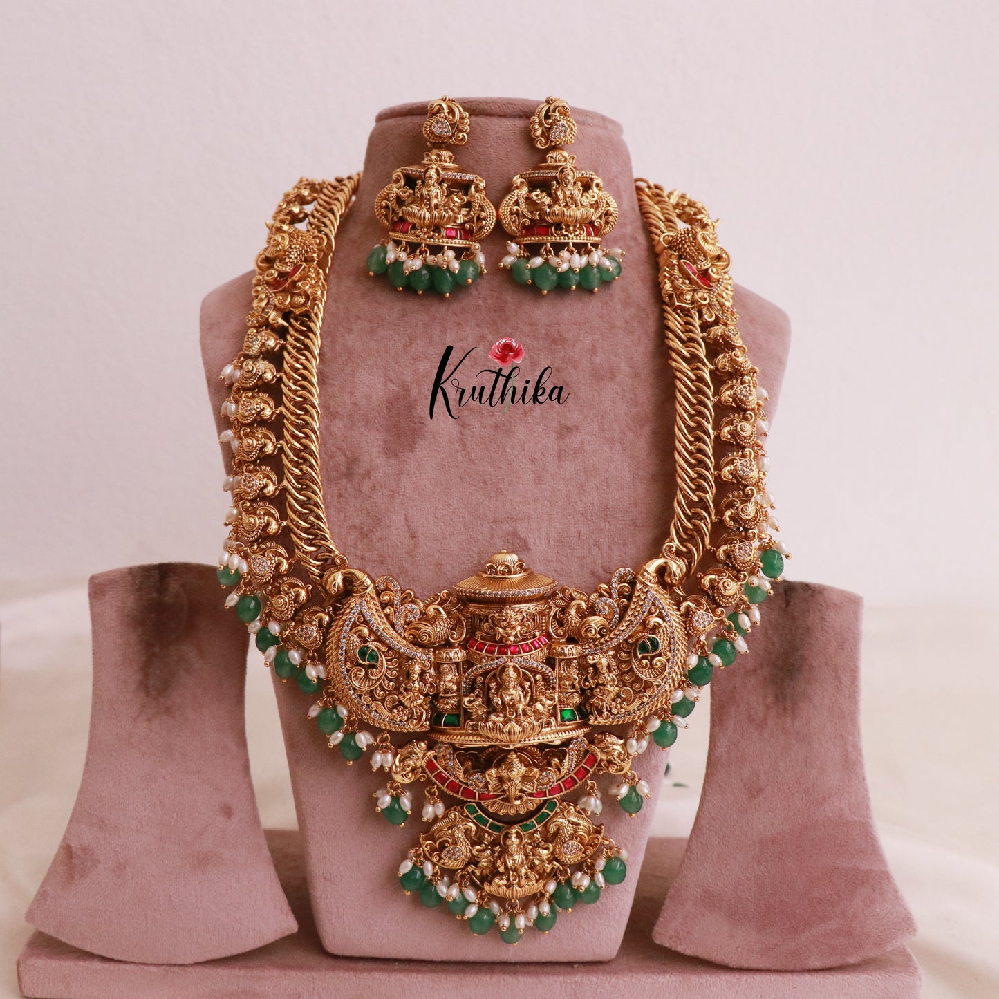 Royal Grand Nagas Jadau Temple Haaram Jalebi pattern with Green Beads LH1807
