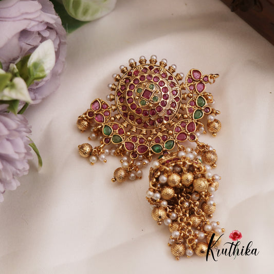 Beautiful Floral Jhumka Jadau Jada Billa With Golden Bead Drops J325