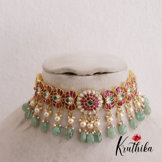 Stunning Floral Jadau Choker With Pearl And Bead Drops NC2598
