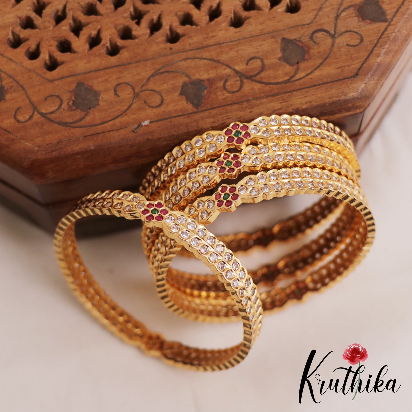 Gorgeous Floral Motifs Gold-Tone AD Bangles B506 (Set of 4 Bangles)