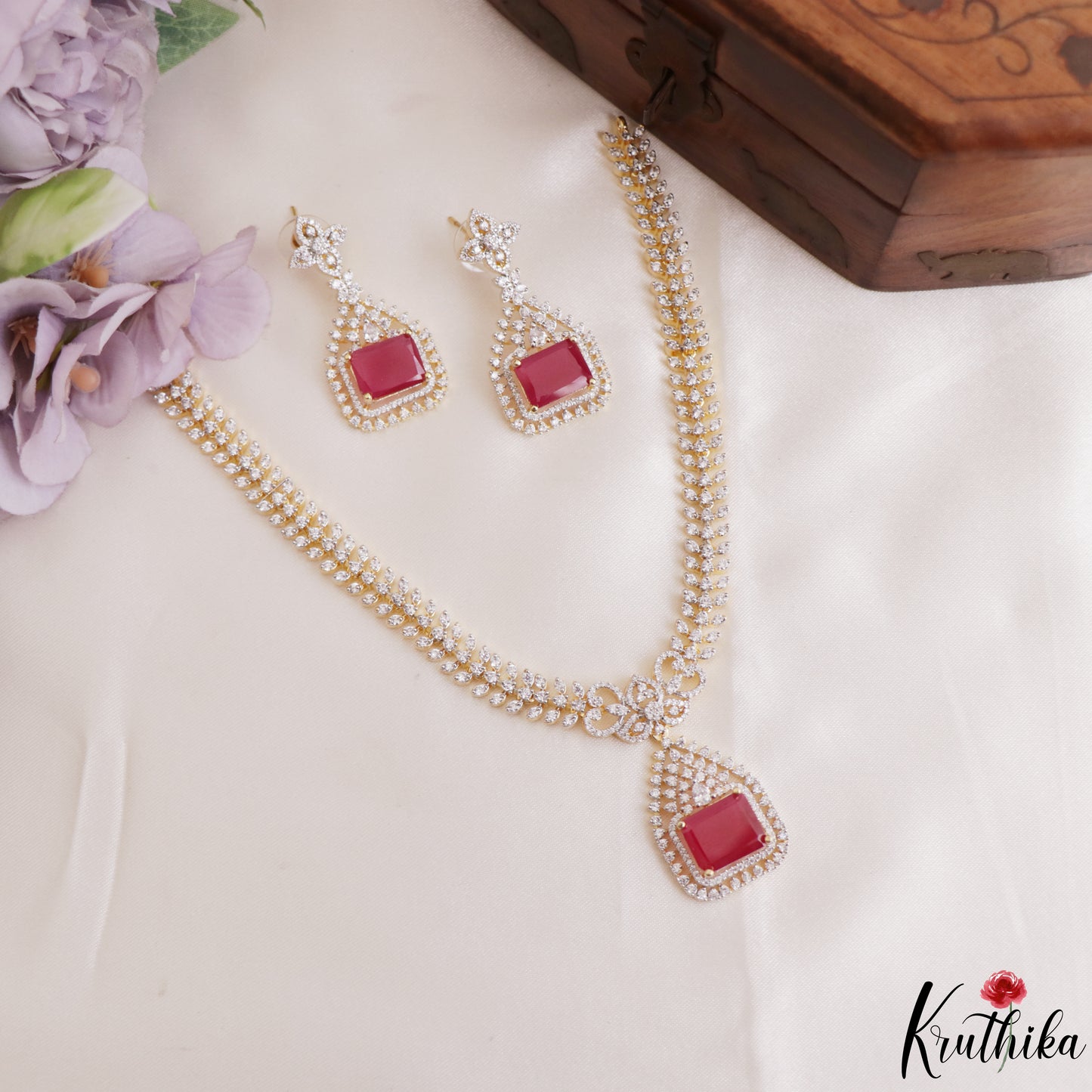 Pretty Floral Geometric Motifs CZ Victorian Necklace NC3265 (Available In 3 Colors)