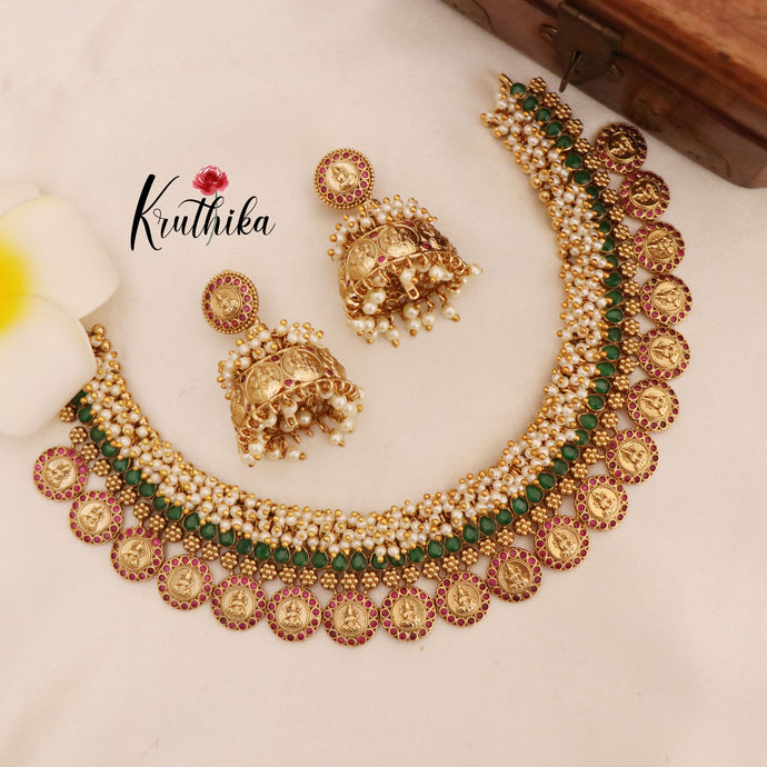 Cluster pearl emerald kasu choker NC769