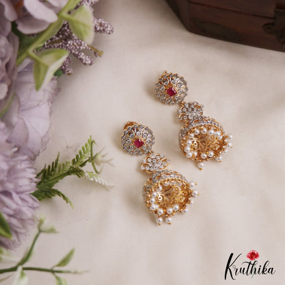 Elegant Floral Motifs AD Jhumkas With Pearl Drops E1098 (Available In 3 Colors)