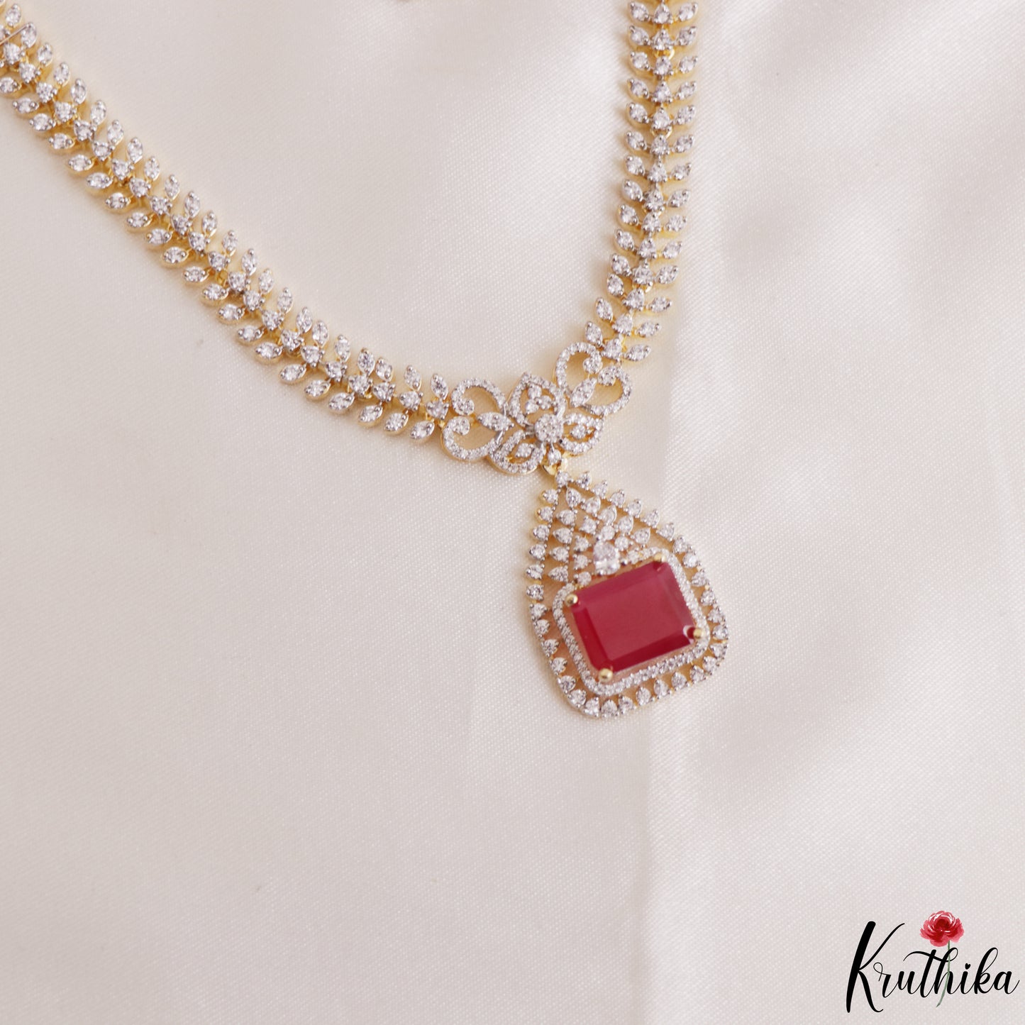 Pretty Floral Geometric Motifs CZ Victorian Necklace NC3265 (Available In 3 Colors)