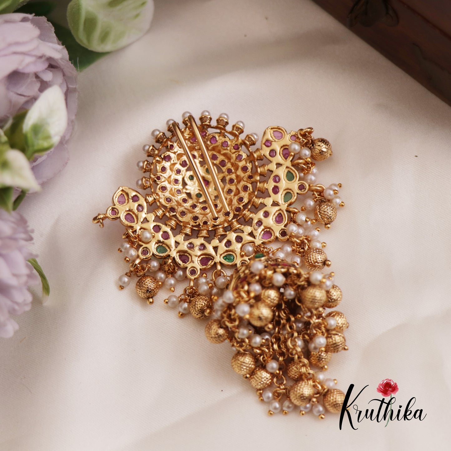 Beautiful Floral Jhumka Jadau Jada Billa With Golden Bead Drops J325