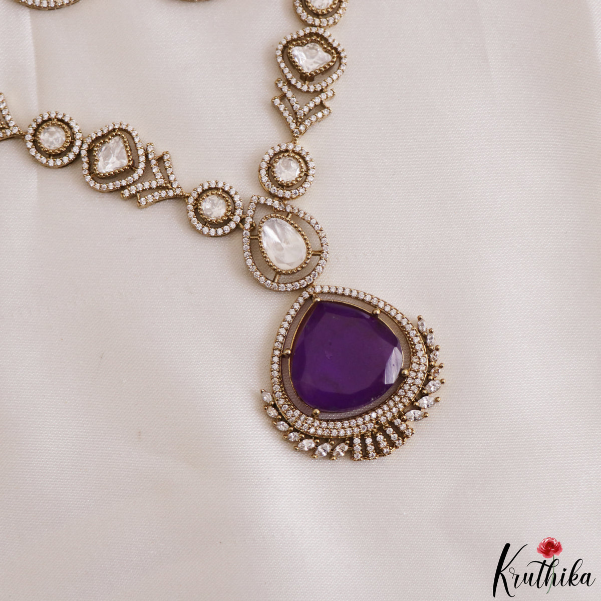 Trendy AD Teardrop Motifs Mossanaite Victorian Necklace NC2801 (Available In 2 Colors)