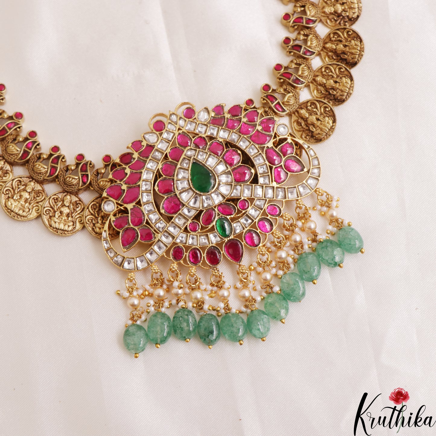 Gorgeous Antique Peacock Motifs Lakshmi Kasu Jadau Haaram With Green Bead Drops LH2124