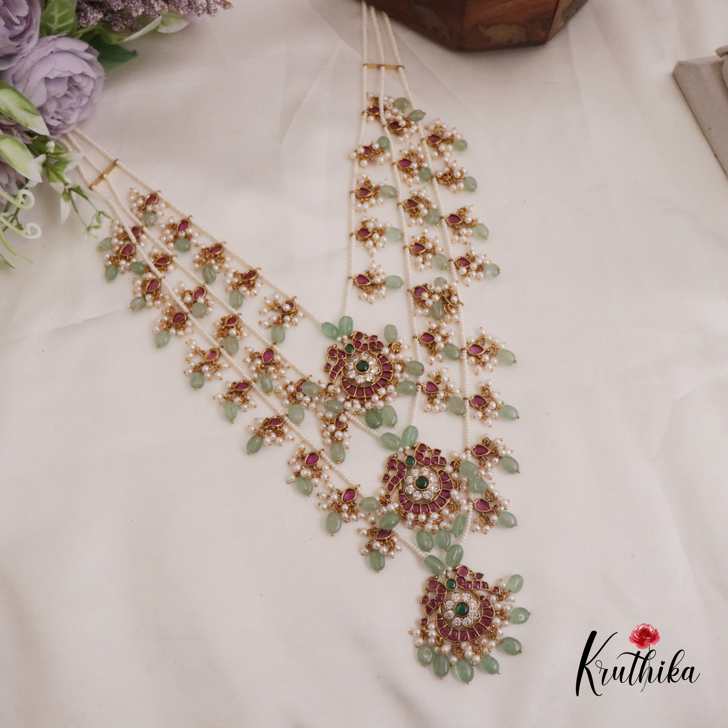 Beautiful Multi Stone Three Layer Peacock Kemp Haaram with Pastel Green Beads LH1959