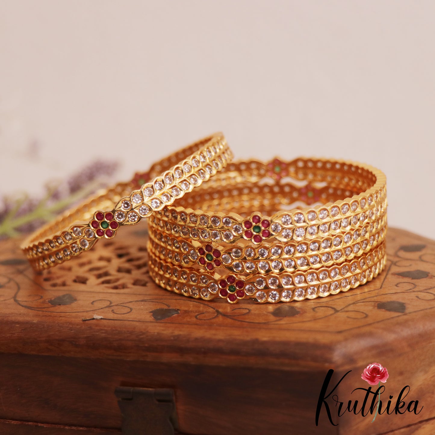 Gorgeous Floral Motifs Gold-Tone AD Bangles B506 (Set of 4 Bangles)