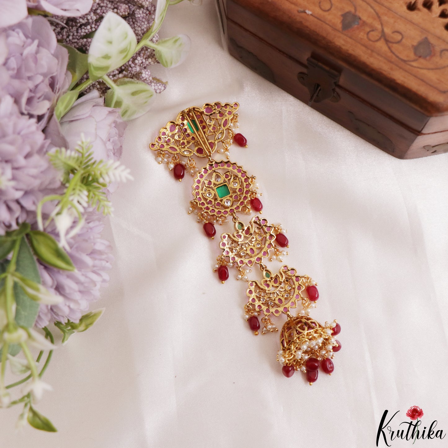 Premium Floral Motifs Kemp Jhumka Jada Billa With Bead Drops J432 (Available In 2 Colors)