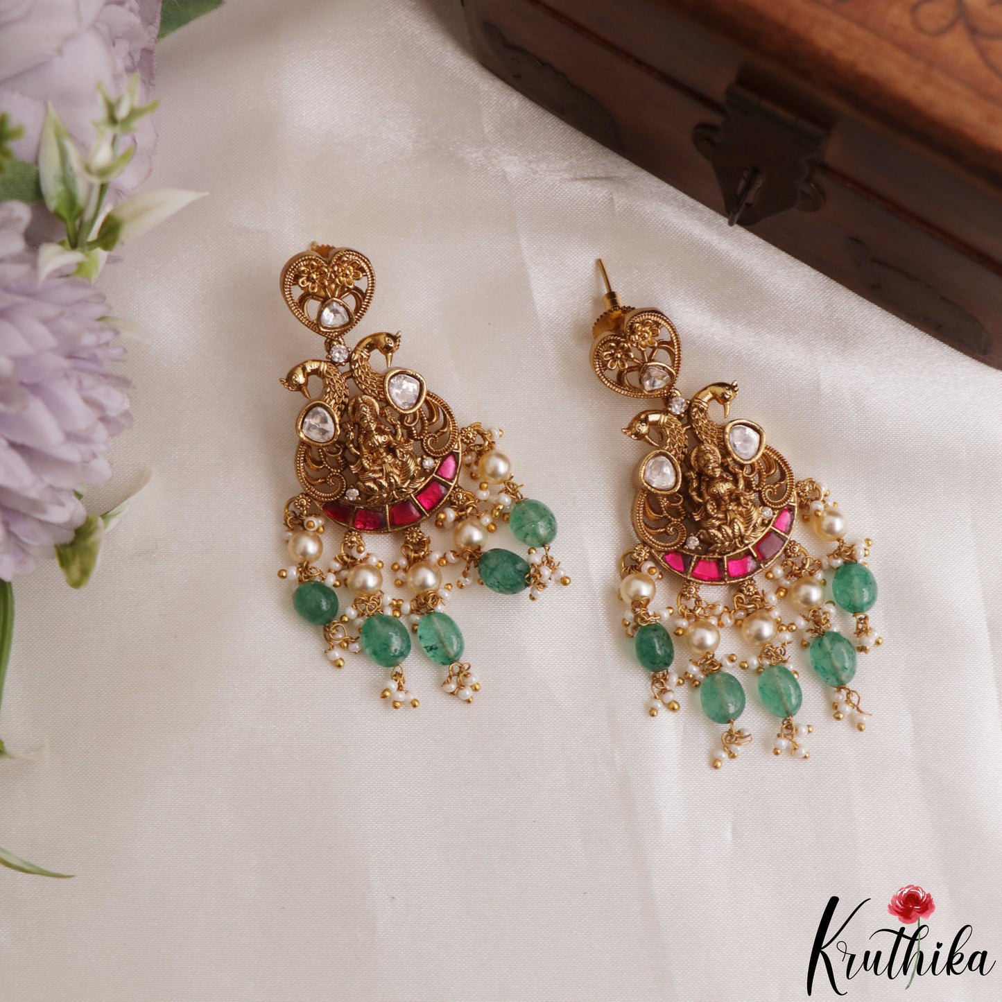 Gorgeous Antique Lakshmi Peacock Motifs Jadau Pendant Set With Green Bead Drops PS301 (Available In 2 Colors)