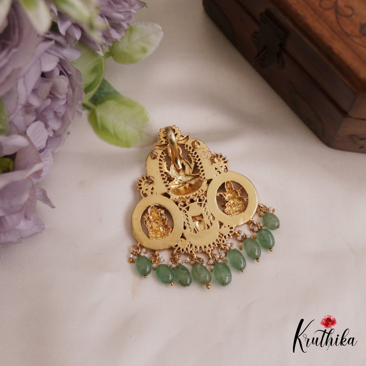 Beautiful Lakshmi Saraswati Ganesha Motifs Jadau Pendant With Green Bead Drops PS266