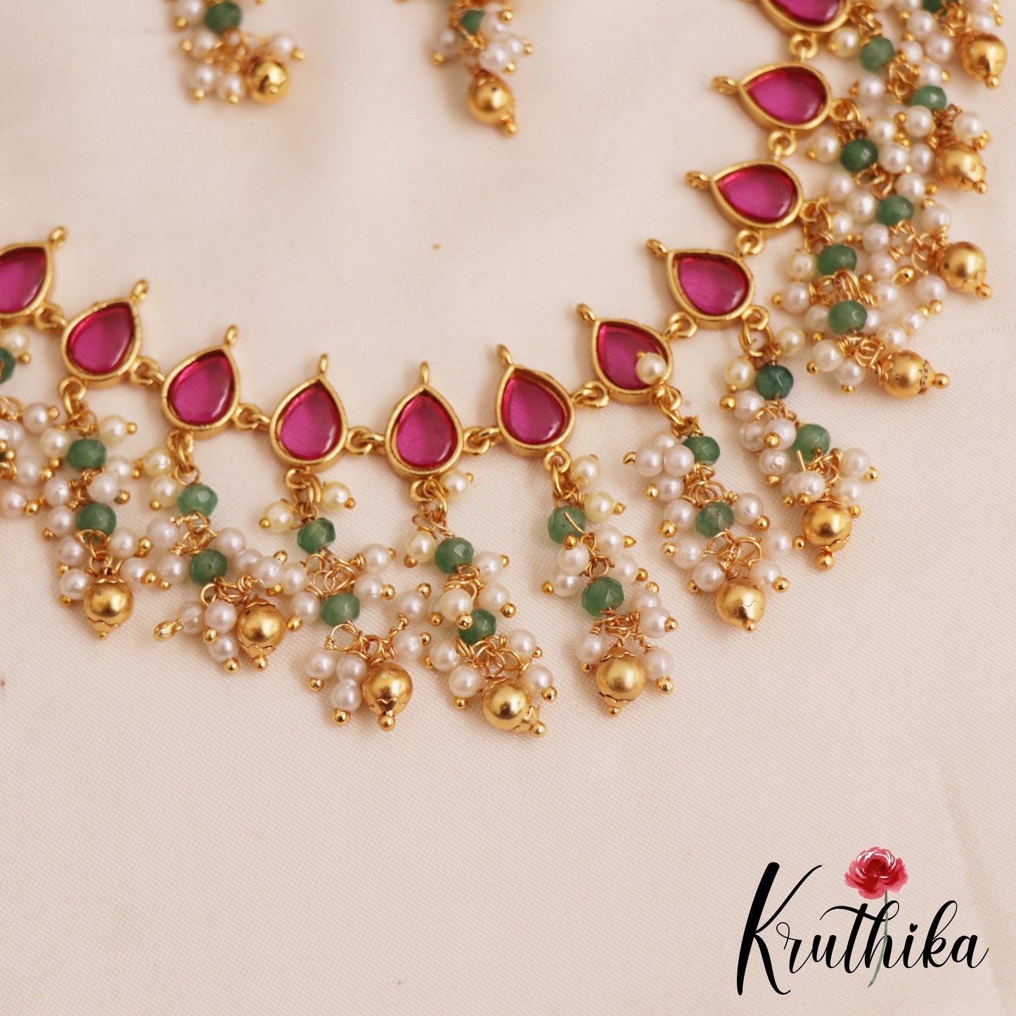 Pretty Teardrop Motifs Jadau Necklace With Bead Drops NC2861