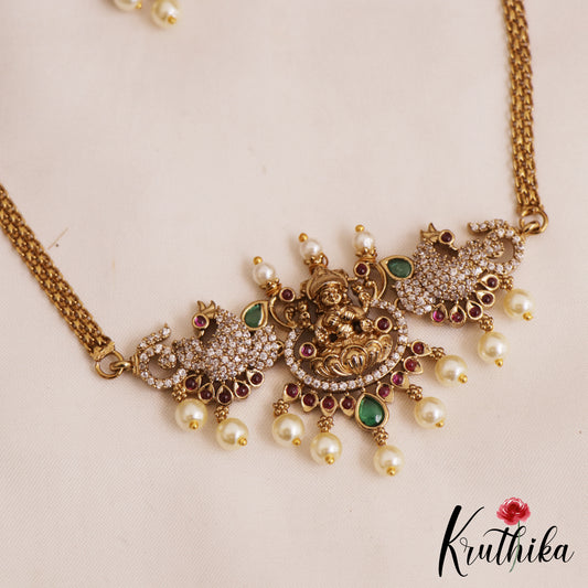 Classic Antique Lakshmi Peacock Motifs AD Choker With Pearl Drops NC2825