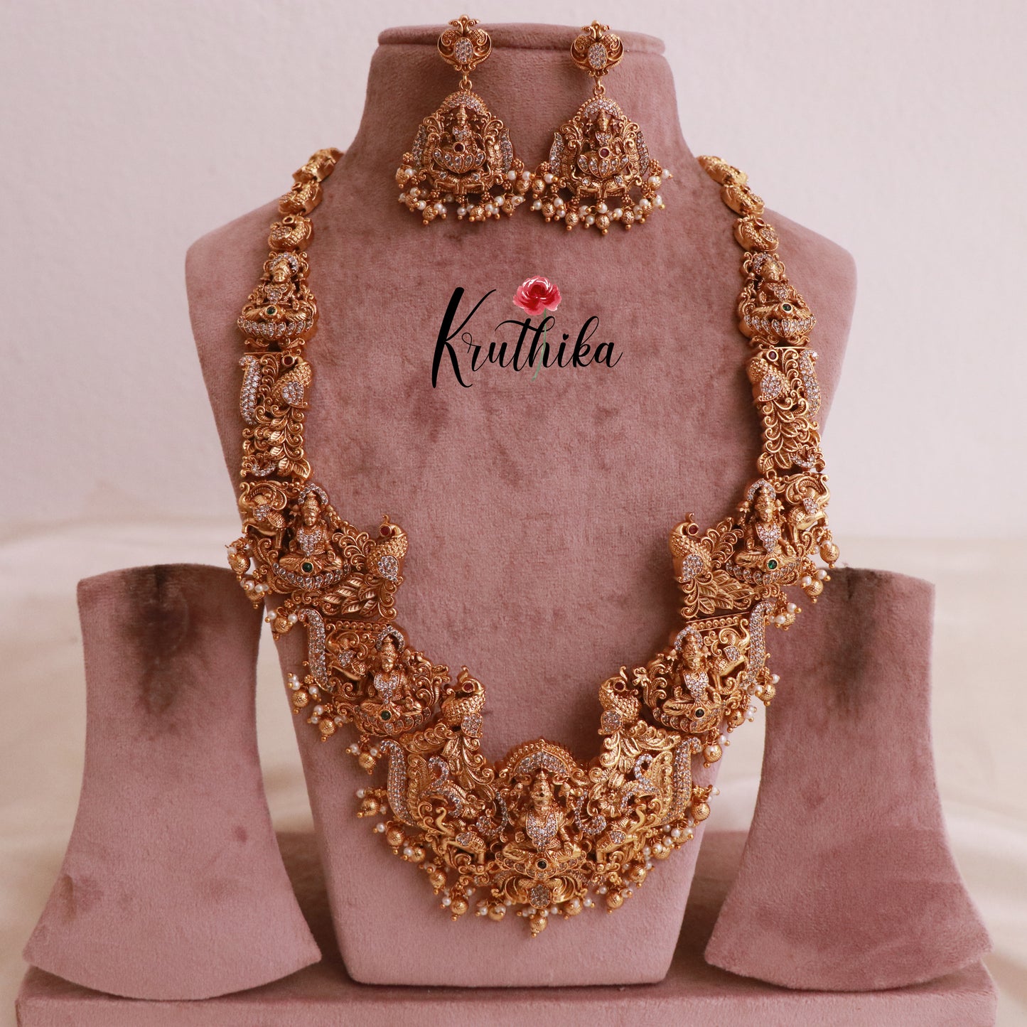 Premium Lakshmi peacock AD golden beads haaram LH1809