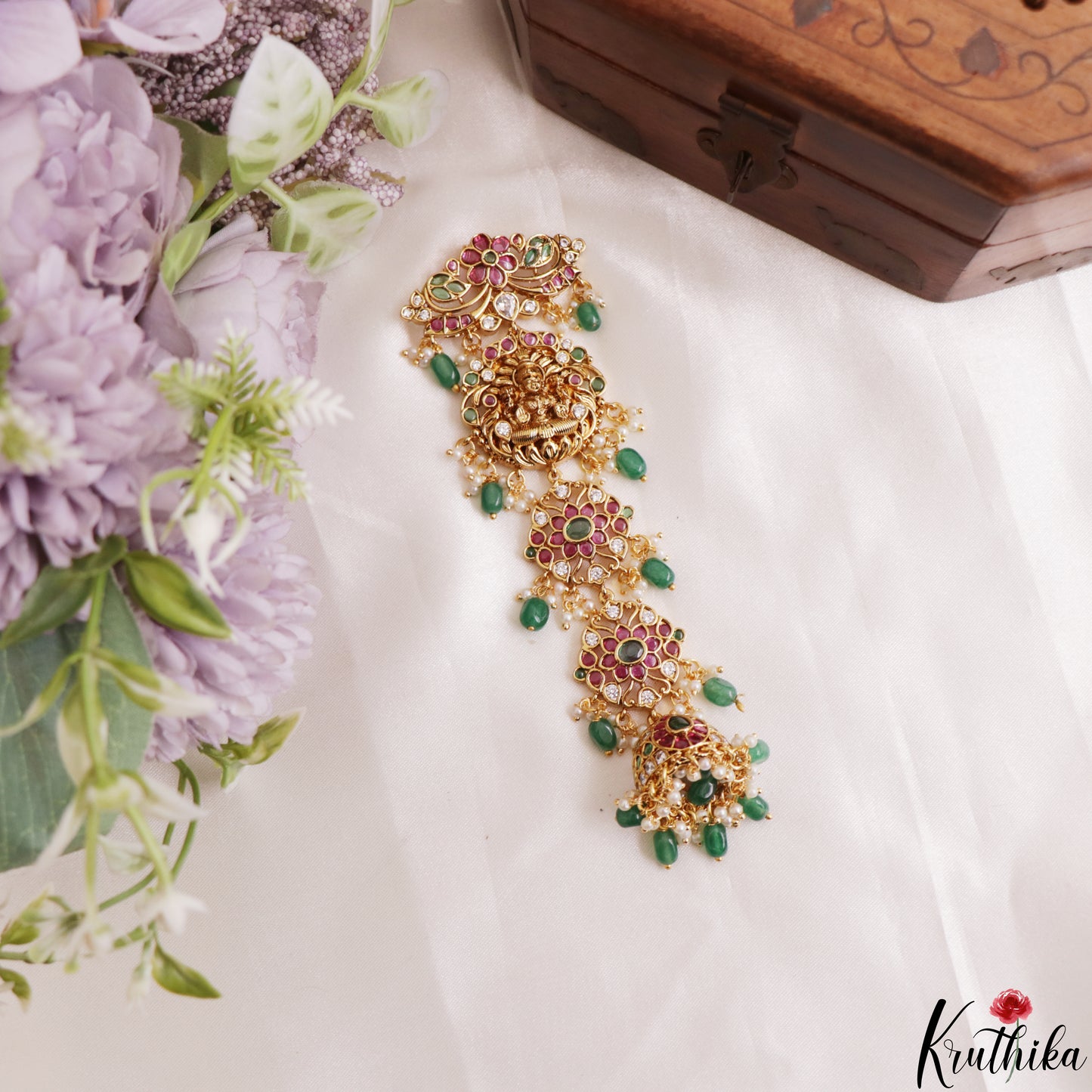 Trendy Antique Lakshmi Floral Motifs Kemp Jhumka Jada Billa With Green Bead Drops J437