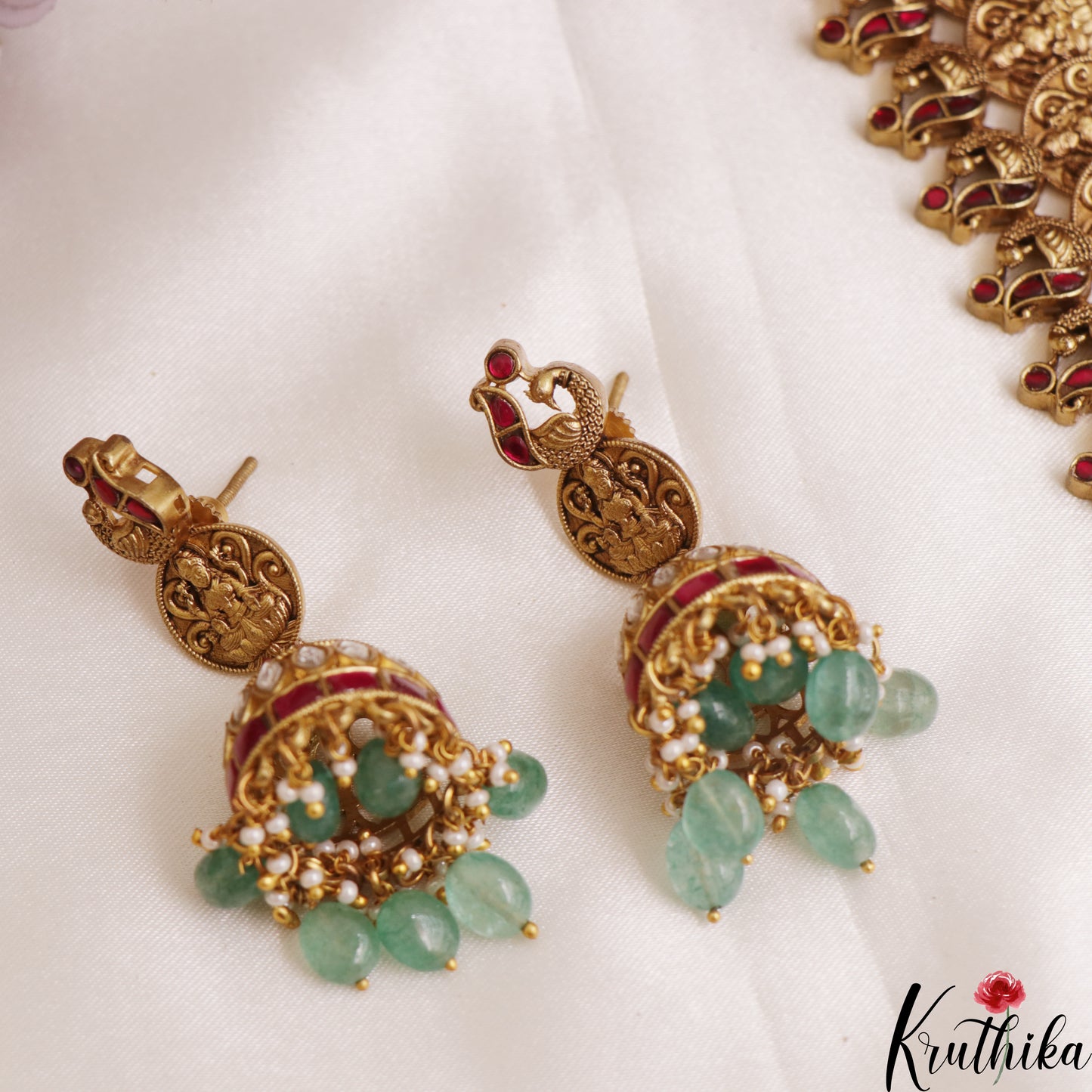 Gorgeous Antique Peacock Motifs Lakshmi Kasu Jadau Haaram With Green Bead Drops LH2124
