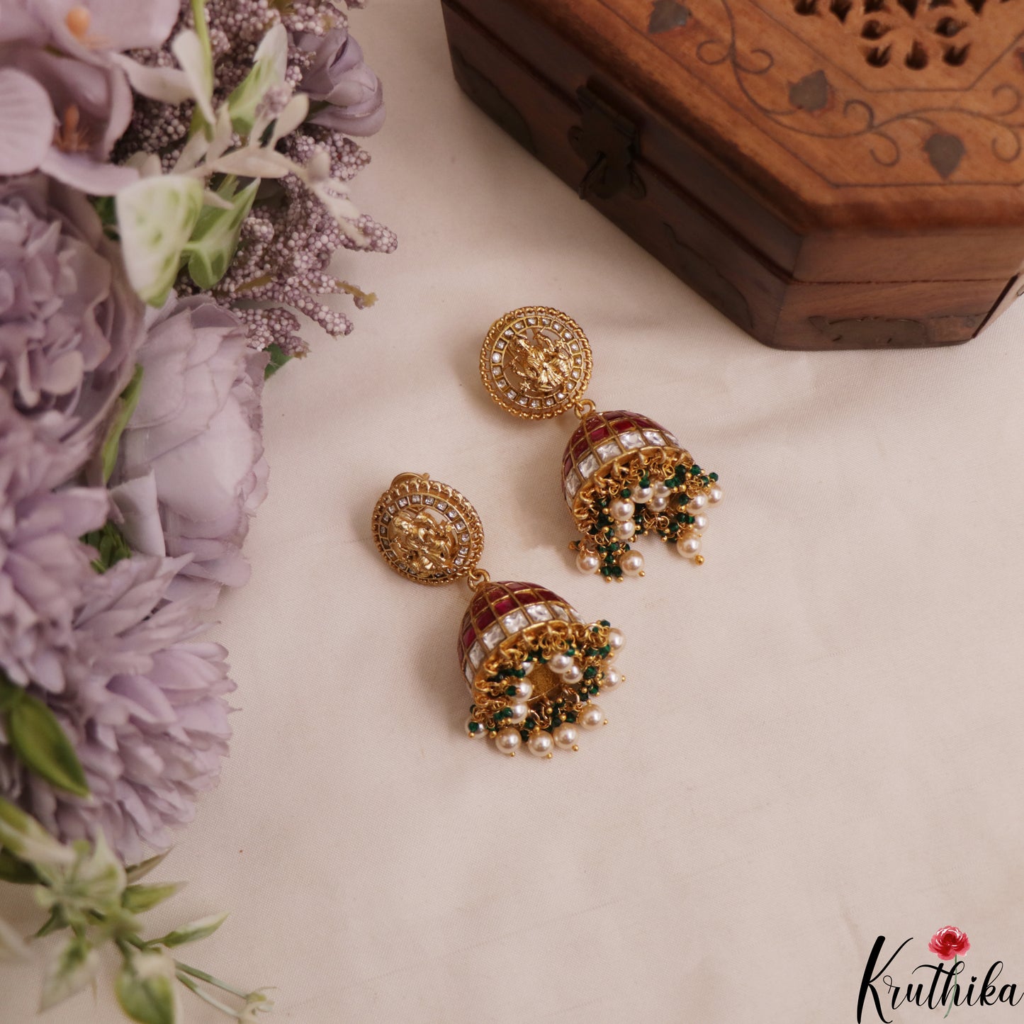 Stunning Antique Lakshmi Motifs Jadau Jhumkas With Pearl Bead Drops E1143