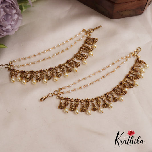 Stunning Kemp Floral Pearl Drop Jhumka With Triple Layered Earchains EC167