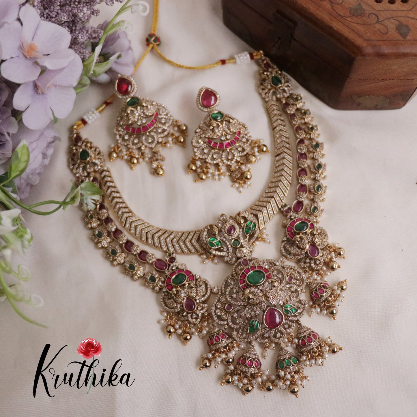 Royal Bridal Peacock Antique Jadau Necklace and Jhumka Drops NC2187 (Available in 2 Colours)
