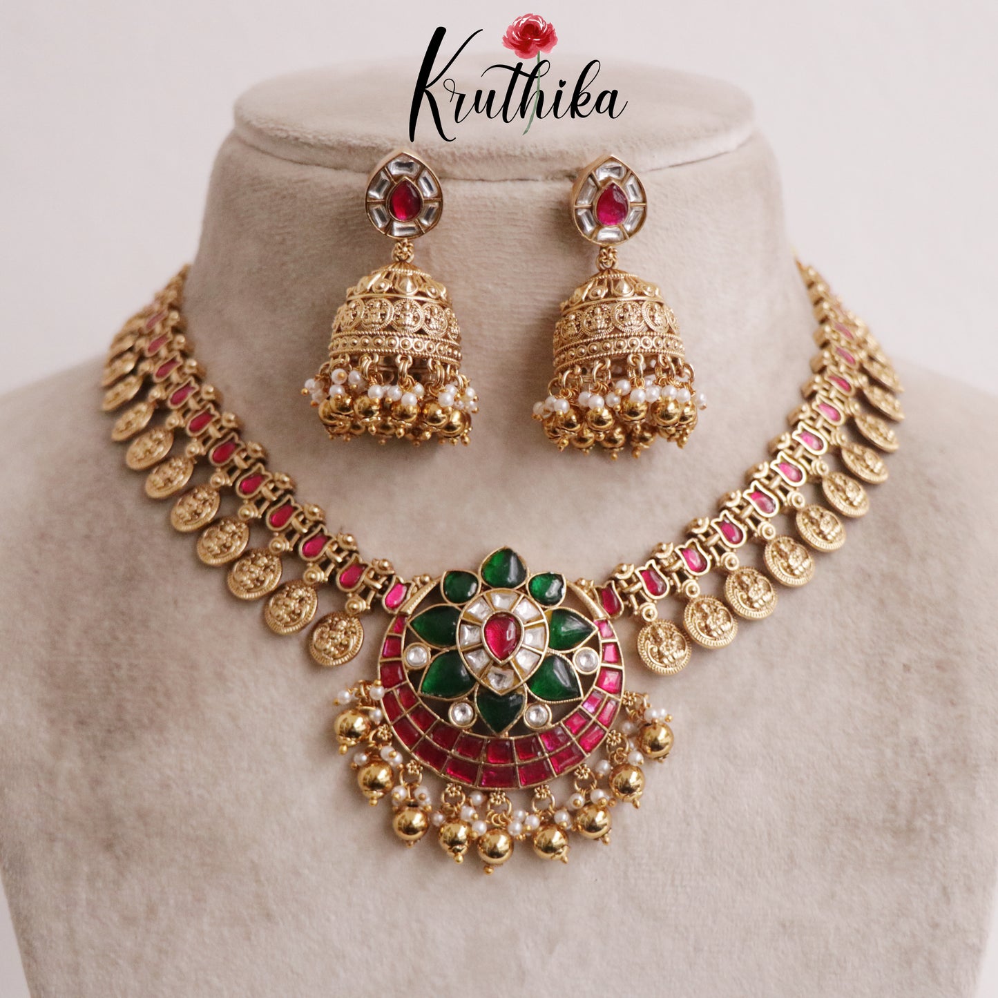 Premium Antique Lotus Jadau Pendant Kasu Necklace with Golden Beads NC2203 (Available in 2 Colours)