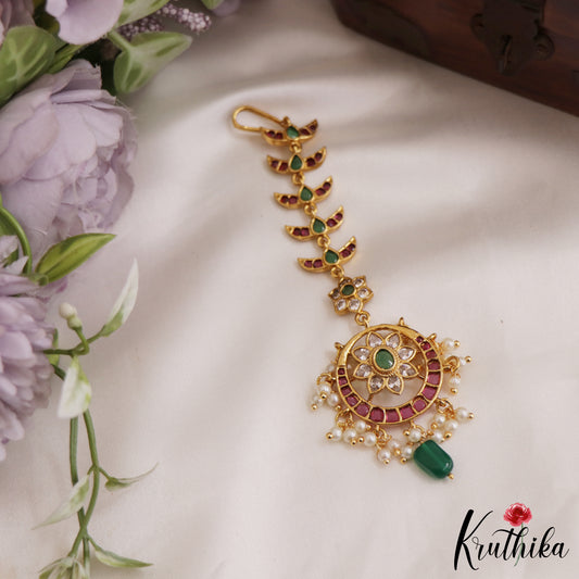 Elegant Floral Jadau Maang Tikka With Bead And Pearl Drops MT338