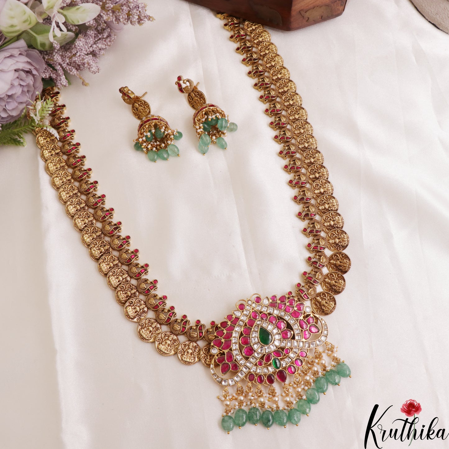 Gorgeous Antique Peacock Motifs Lakshmi Kasu Jadau Haaram With Green Bead Drops LH2124