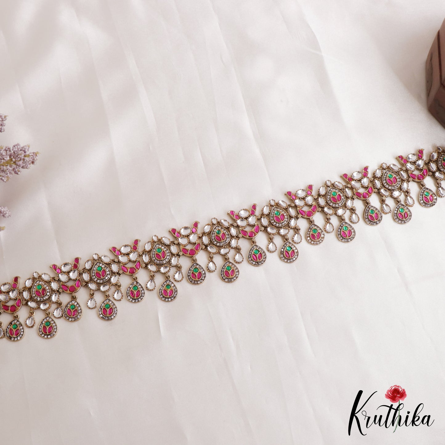 Stunning Teardrop Floral Motifs Polki Jadau Hip Belt V381