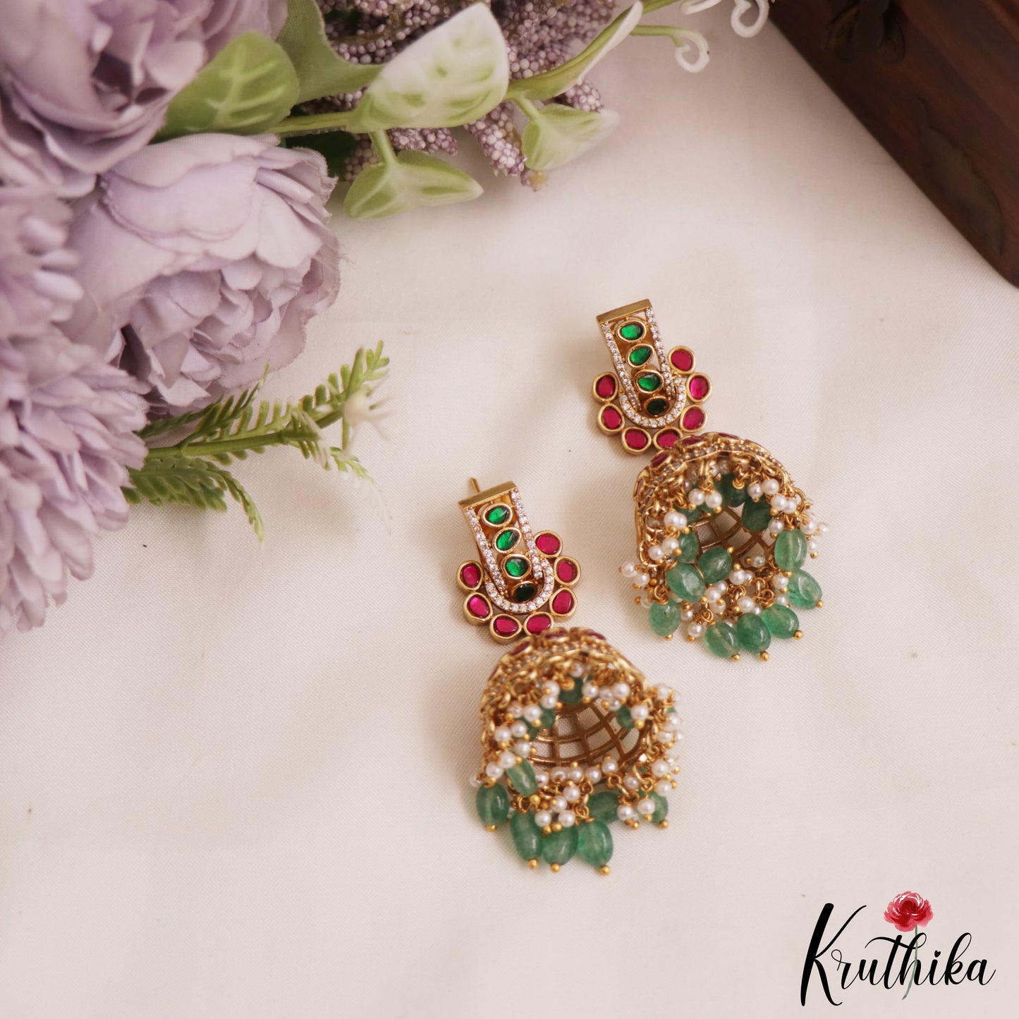 Premium Geometric Motifs Jadau Jhumka With Green Bead Drops E1029